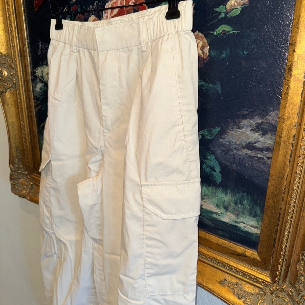 Uniqlo Ivory Cotton High Waist Cargo Style Casual Baggy Cinch Ankle Pants Small - Picture 5 of 10